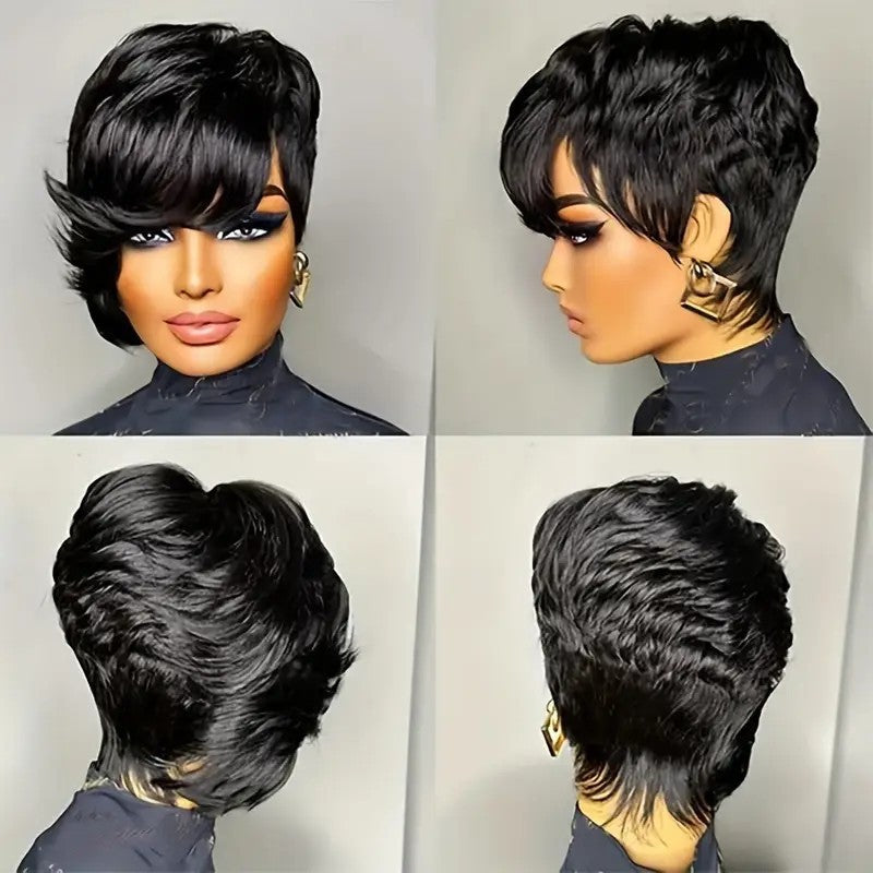 Straight Black Elegant 8 PixieCut Wig For Women -Glueless Human Hairwith Long Bangs, Everyday Style Wig L SleekShort Wig Wig Accessories