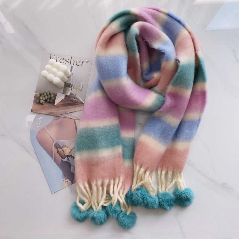 Dopamine Rainbow Striped Rabbit Hair Ball Scarf For Women