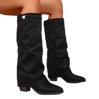 Pointed Toe High Tube Pants Boots Pleated Chunky Heel Sleeve