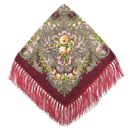 Women's Fringed Cotton And Linen Printed Square Scarf