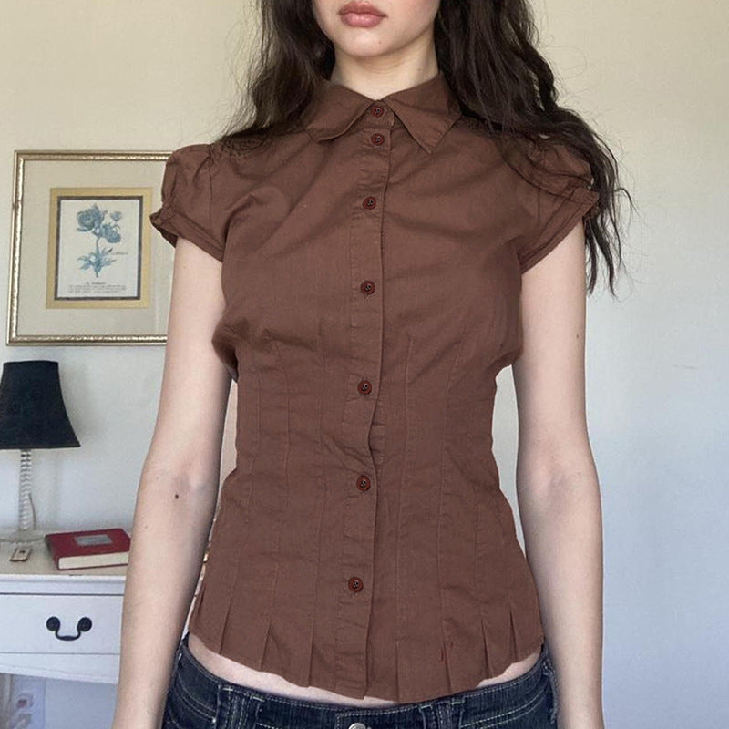 Sweet And Spicy Niche Style Lapel Puff Sleeve Shirt Design Sense Pleat And Waisted