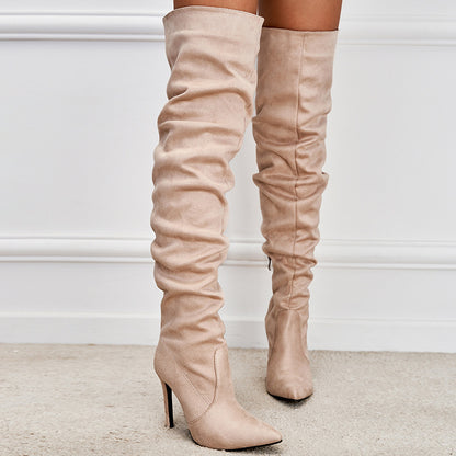 European And American Pointed Toe Suede High Zipper Stiletto Heel Boots