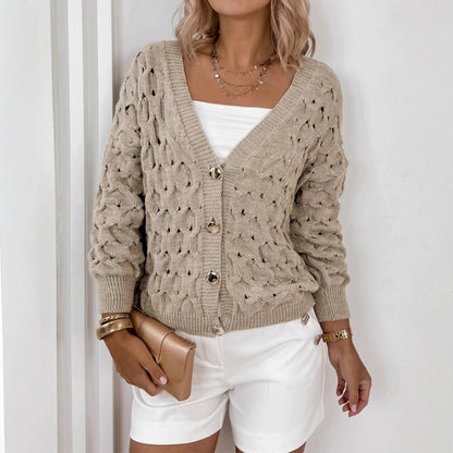 Hollow Artistic Retro V-neck Long-sleeved Coat For Women