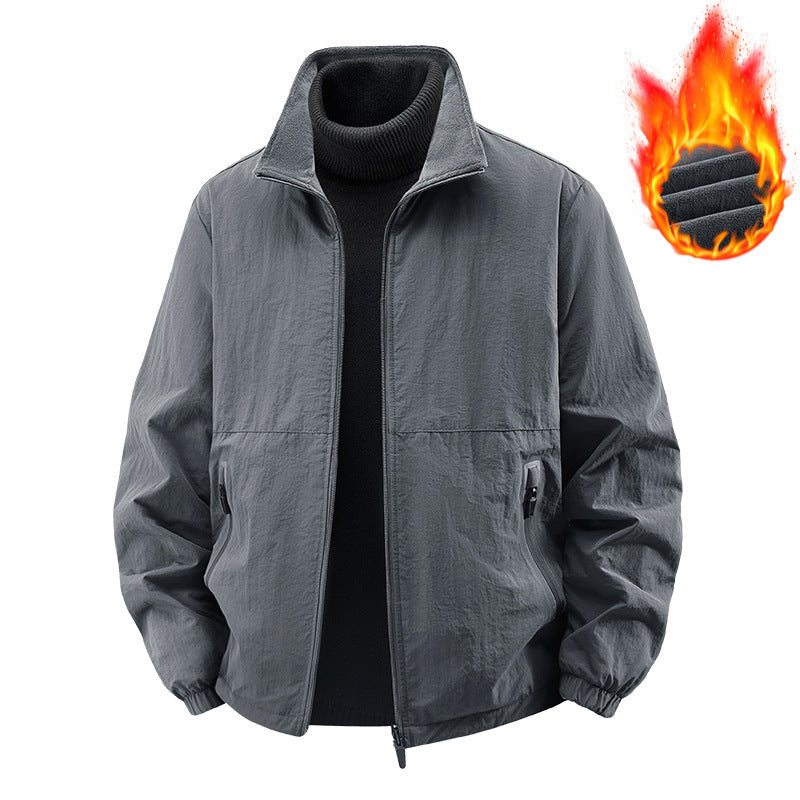 Fleece-lined Casual Jacket Coat Young And Middle-aged Stand Collar Loose Top