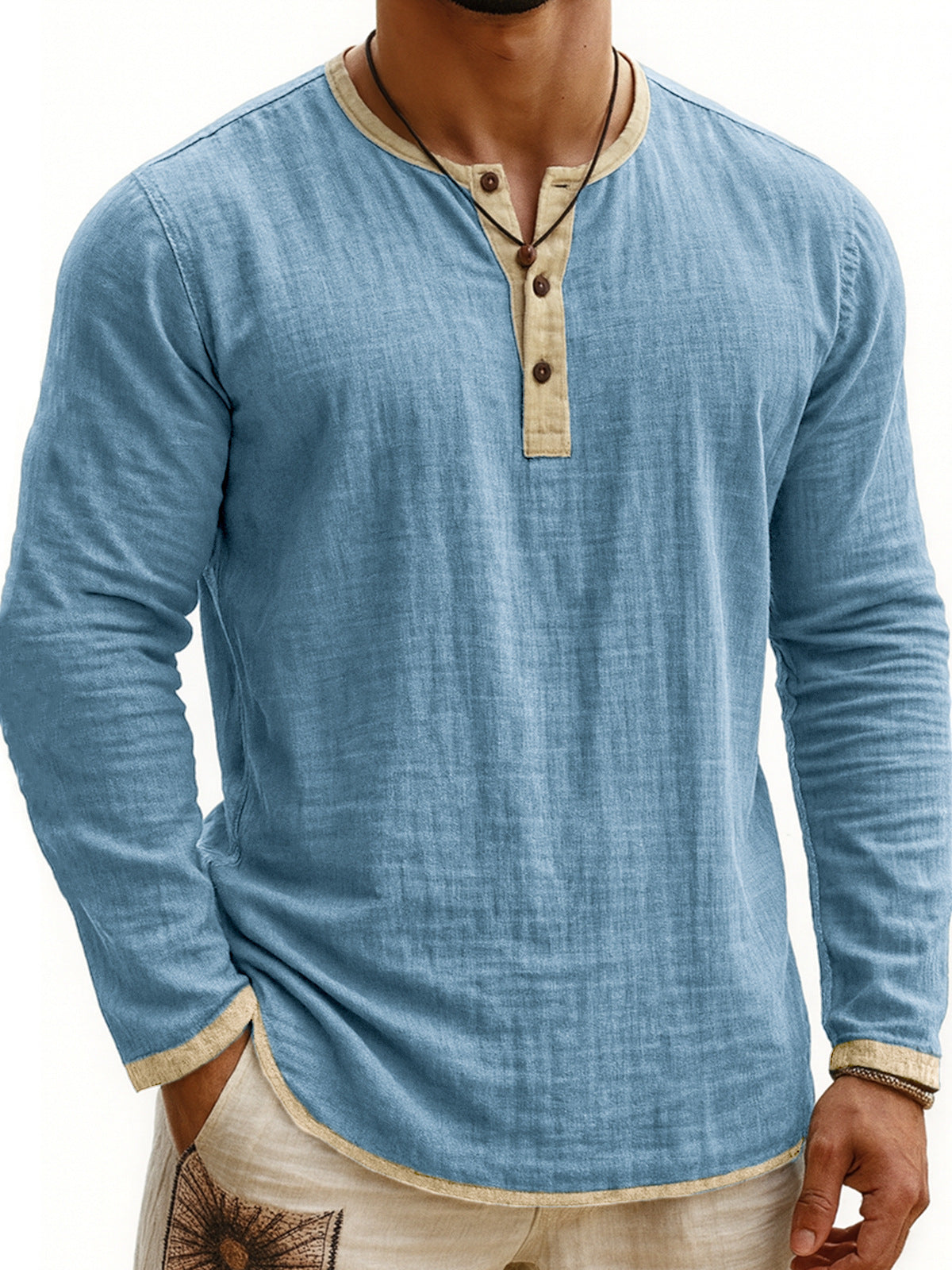 Digital Printing Two-tone Henley Shirt 3-button Men's Casual Long Sleeve