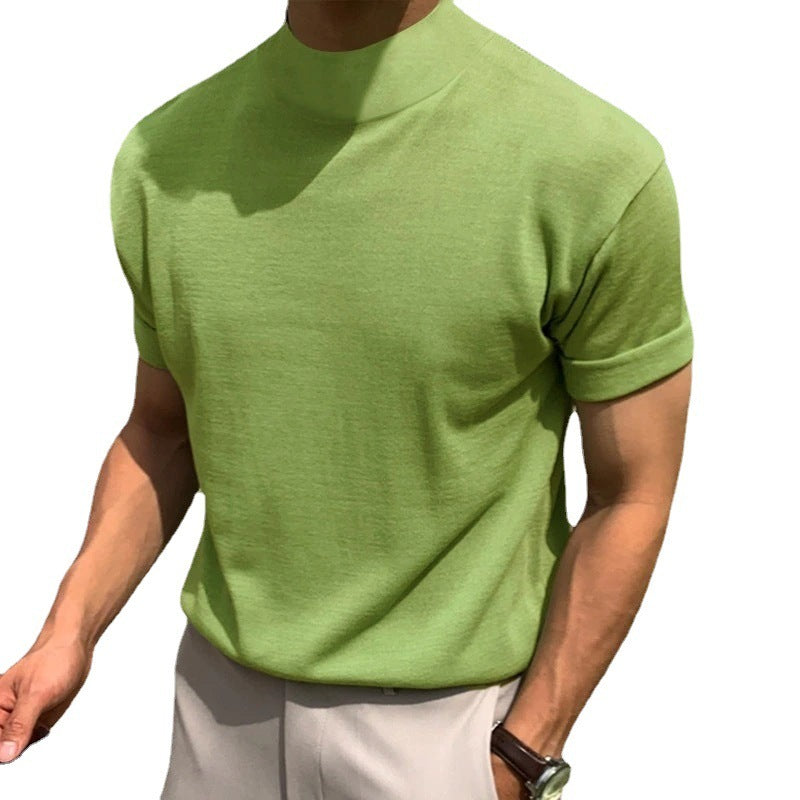 Korean Style Base Shirt Men's Solid Color Turtleneck Short Sleeve T-shirt