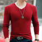 Winter Long Sleeve Slim Fit Solid Color And V-neck T-shirt