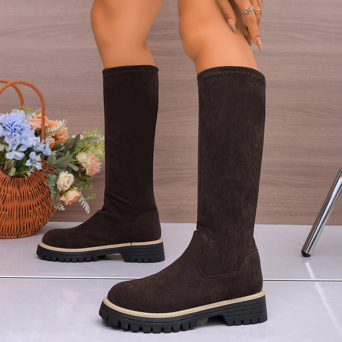 Large Size Round Toe Platform Below The Knee Boots