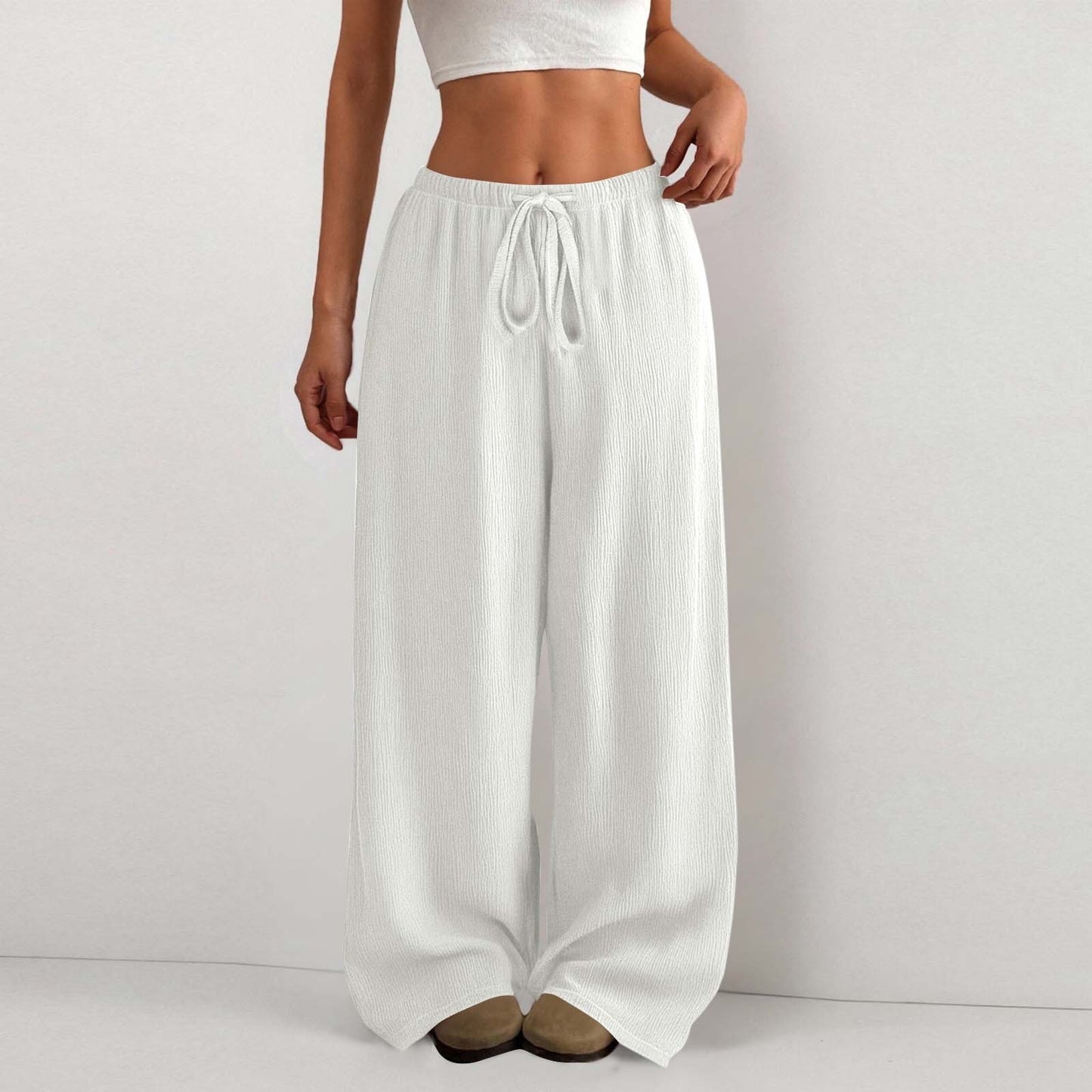 Women's Solid Color Loose Wrinkle Waist Drawstring Wide Leg Casual Trousers