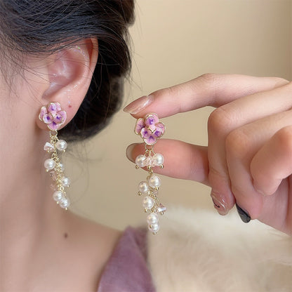 Romantic Gentle French Pearl Tassel Flowers Earrings
