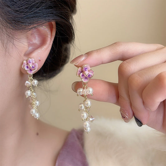 Romantic Gentle French Pearl Tassel Flowers Earrings