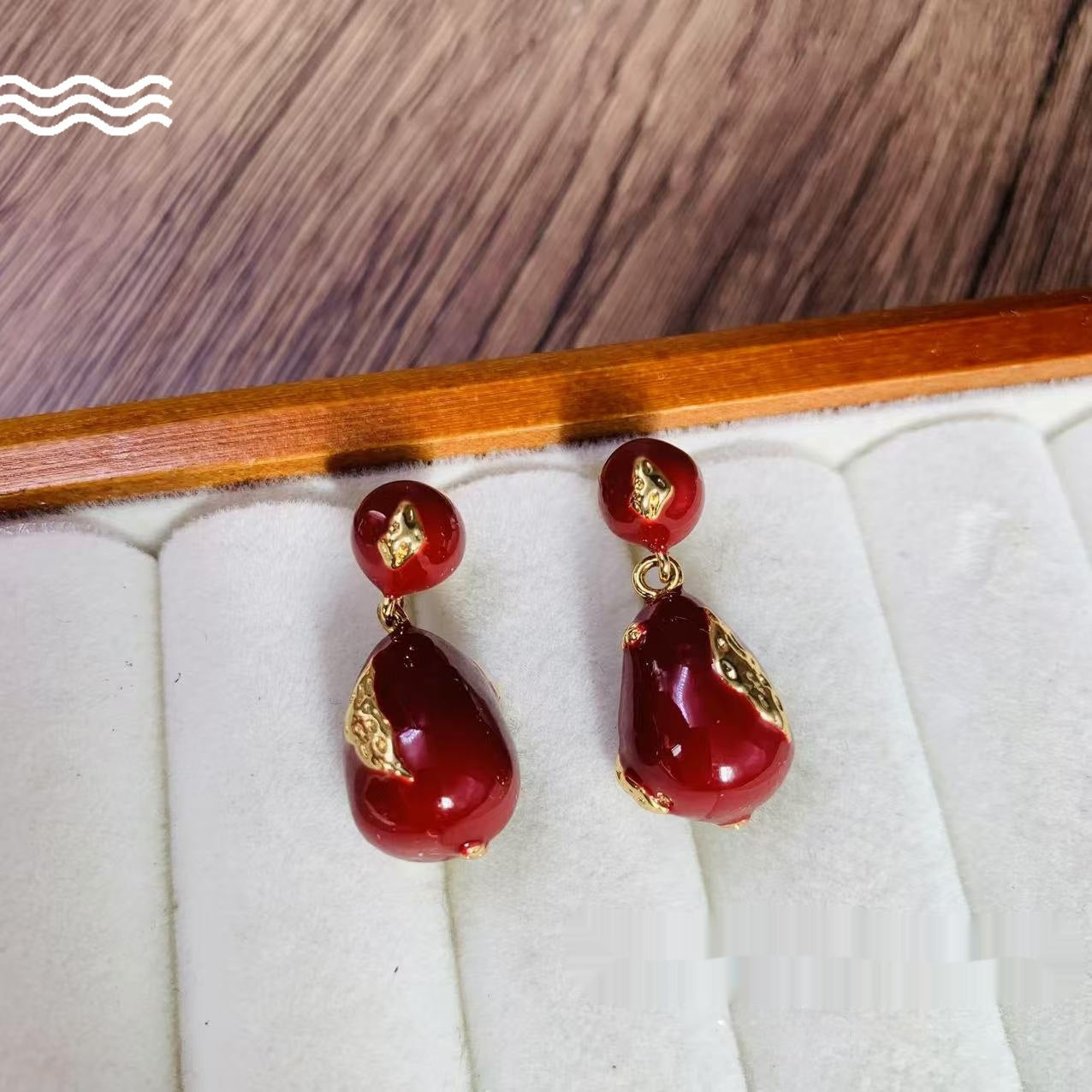 New Year Vintage Wine Red Enamel Water Drop Earrings