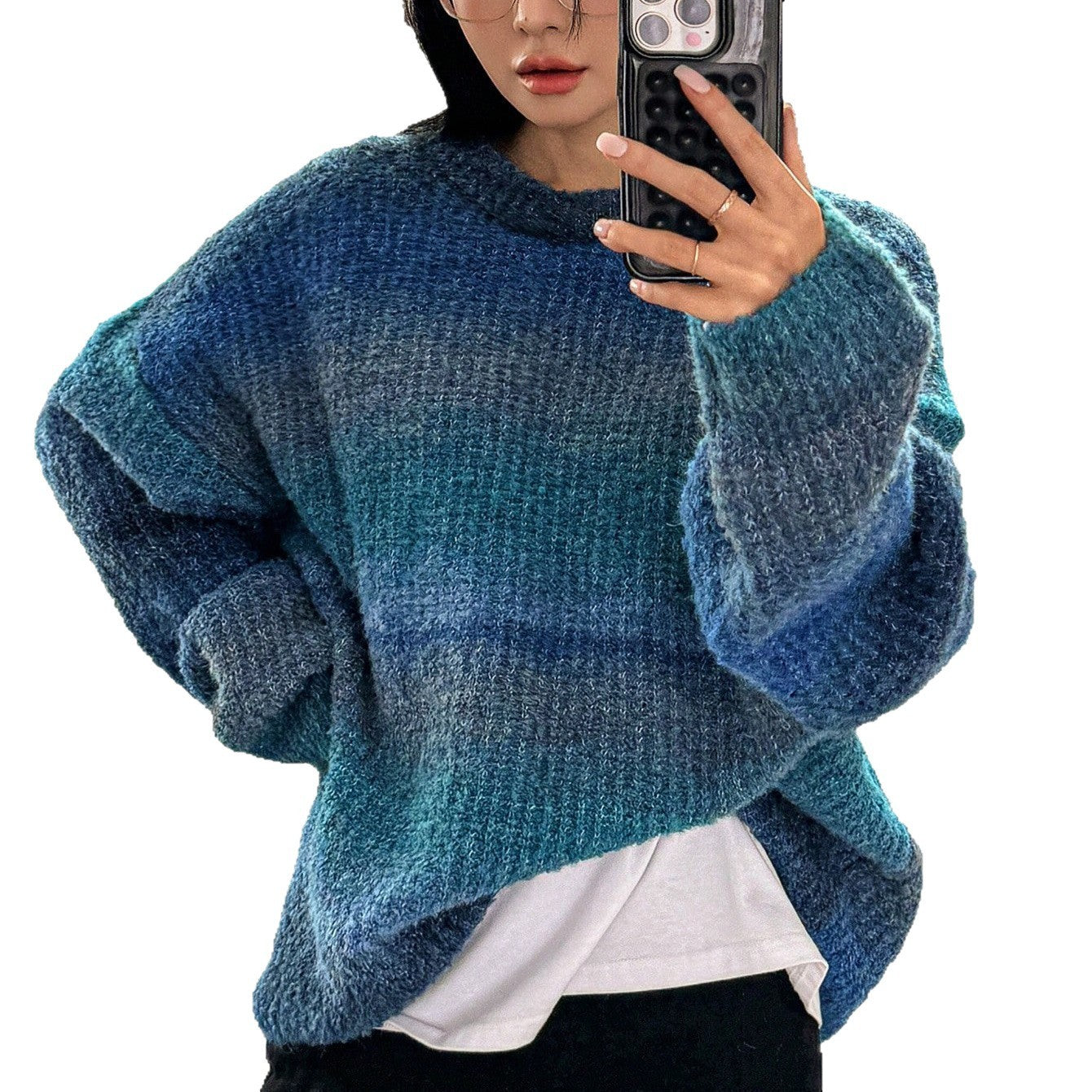 Lazy Sweater Female Gradient Color Round Neck Loose Outer Wear Soft Glutinous