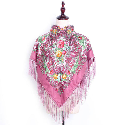 Women's Fringed Cotton And Linen Printed Square Scarf