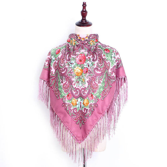 Women's Fringed Cotton And Linen Printed Square Scarf
