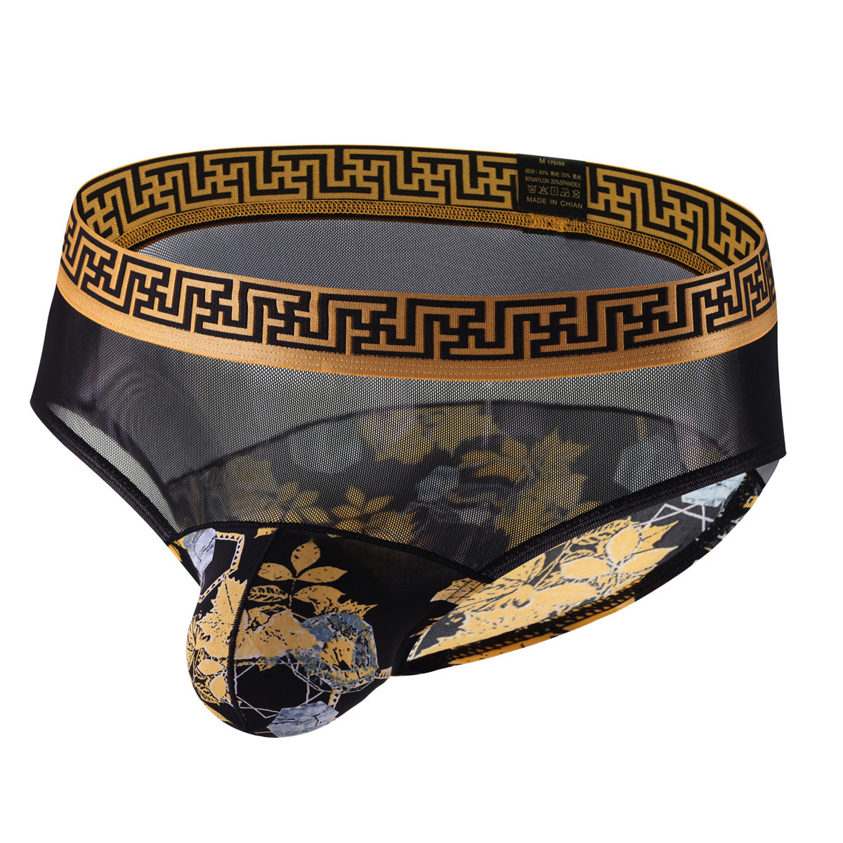 Men's Sexy Mid Waist Briefs Nylon Mesh Floral Print Stitching