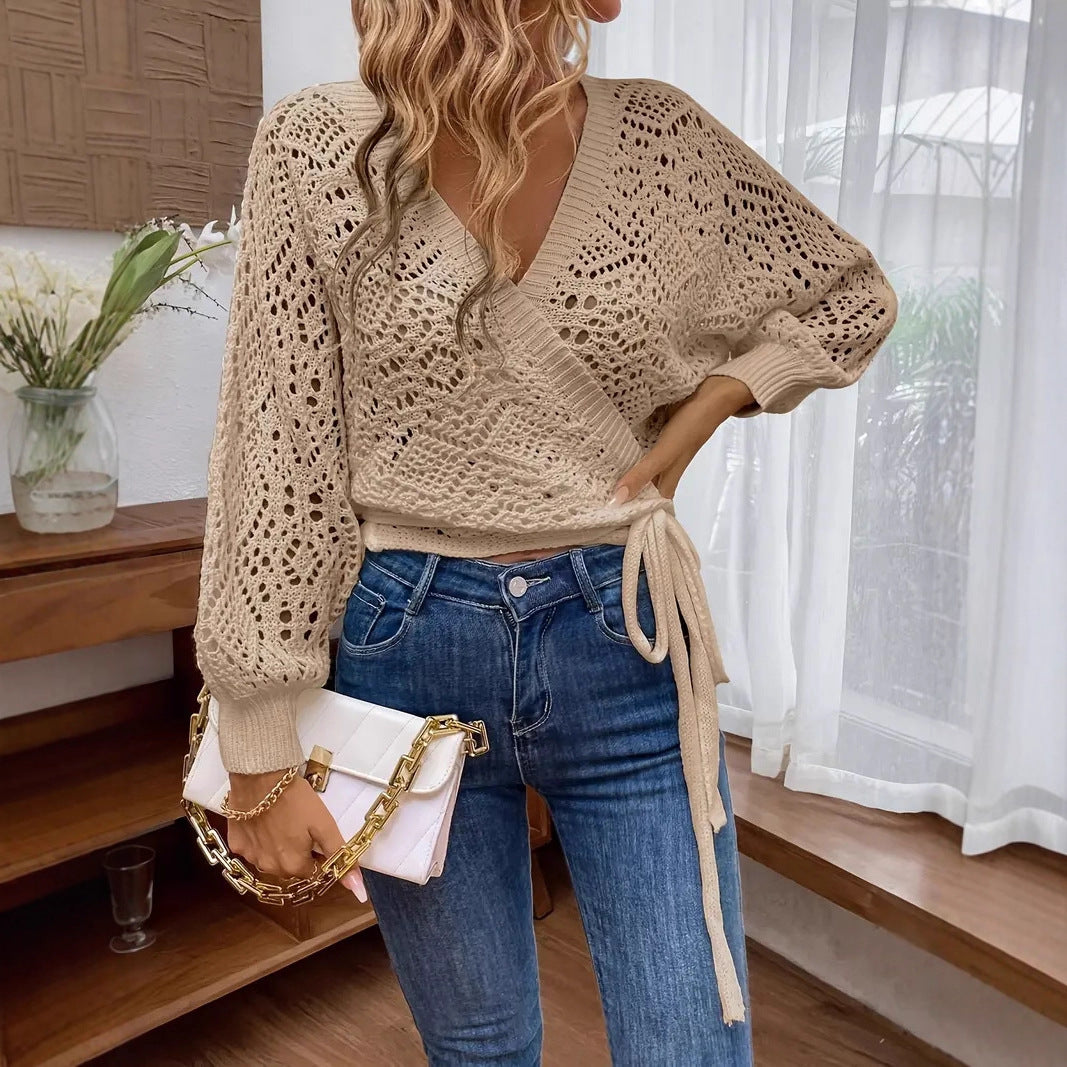Solid Color And V-neck Lace-up Elegant Lantern Sleeve Long Sleeve