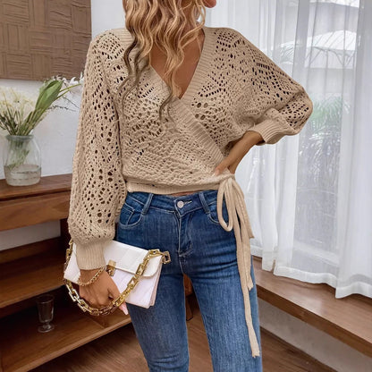 Solid Color And V-neck Lace-up Elegant Lantern Sleeve Long Sleeve