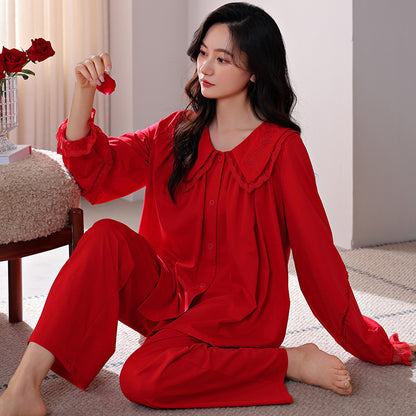Long Sleeve Annual Home Wear Cotton Wedding Celebration Red Bride Suit