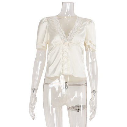 Fashion V-neck Lace Stitching Lace Up Slimming Short Sleeve