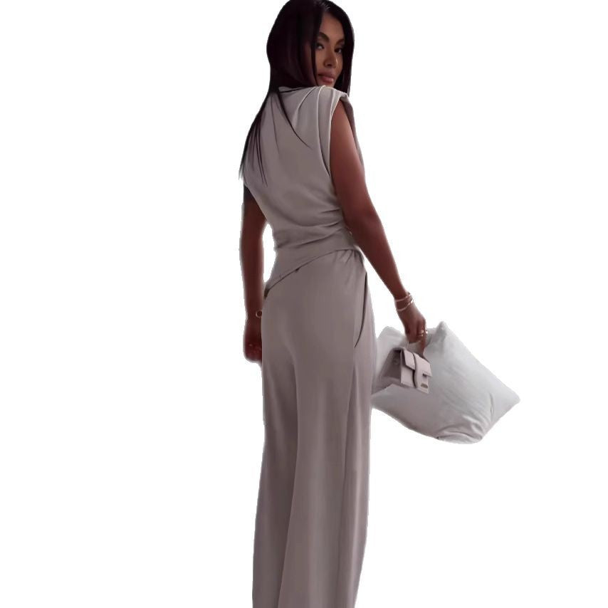 Women's Sleeveless Suit Fashion Slim Irregular Split Top And Straight Pants Solid Trouser Set