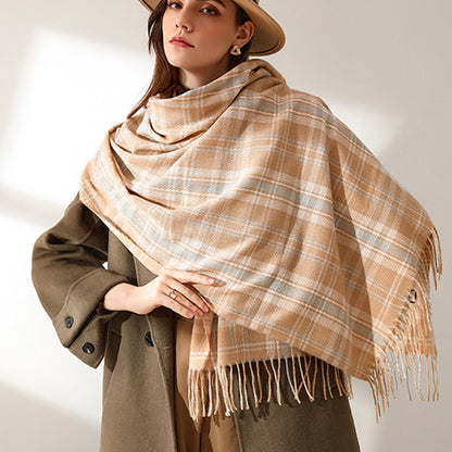 Women's Fashionable Plaid Printed Tassel Shawl Warm Scarf