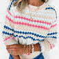 Women's Loose Contrast Color Striped Round Neck Pullover Sweater