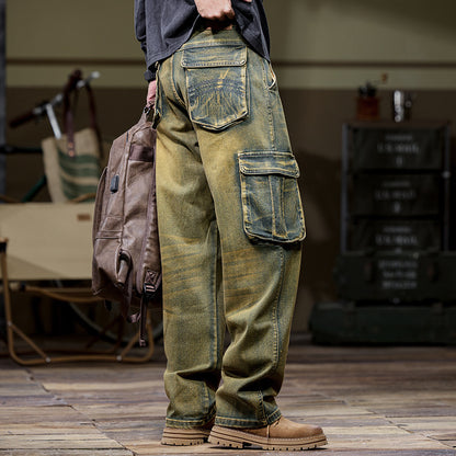 Retro Blue Outdoor Multi-pocket Workwear Jeans