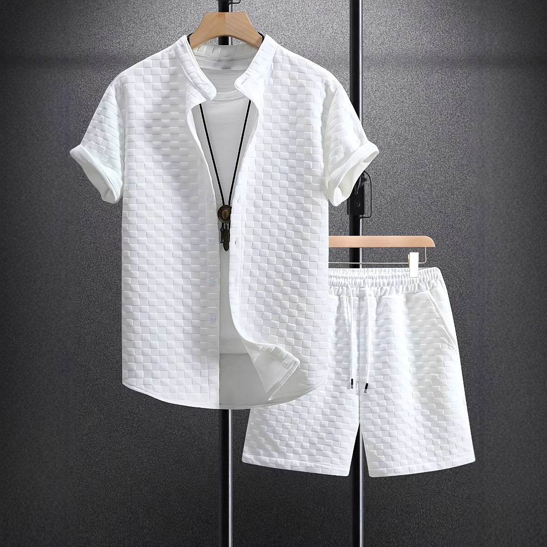 Men's Jacquard Casual Short Sleeve Shirt Outfit