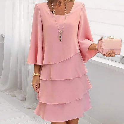 Women's Long Sleeve Crew Neck Tiered Layered Midi Dress , Asymmetrical Hem A-Line Short Elegant Party Dress