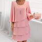 Women's Long Sleeve Crew Neck Tiered Layered Midi Dress , Asymmetrical Hem A-Line Short Elegant Party Dress