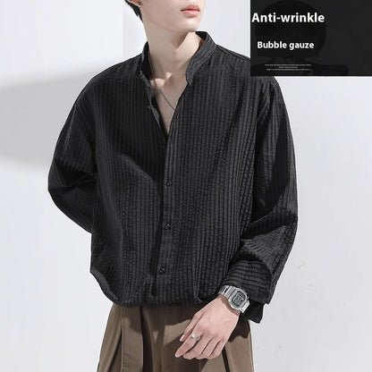 Anti-Wrinkle Seersucker Men's Black Texture Long Sleeve Casual Shirt