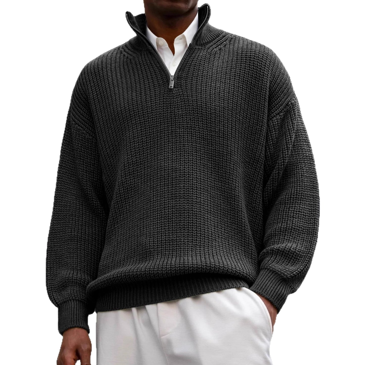 Fashion Men's Sweater Casual Long Sleeve Half Zipped Stand Collar Polo Shirt