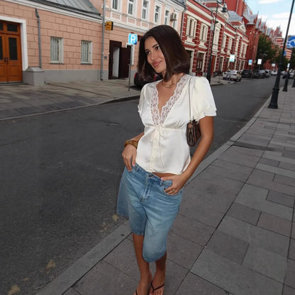 Fashion V-neck Lace Stitching Lace Up Slimming Short Sleeve
