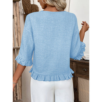 Womens 3 4 Length Sleeve Tops Loose Fit Casual Crew Neck Shirts Ruffle Tunic Blouses