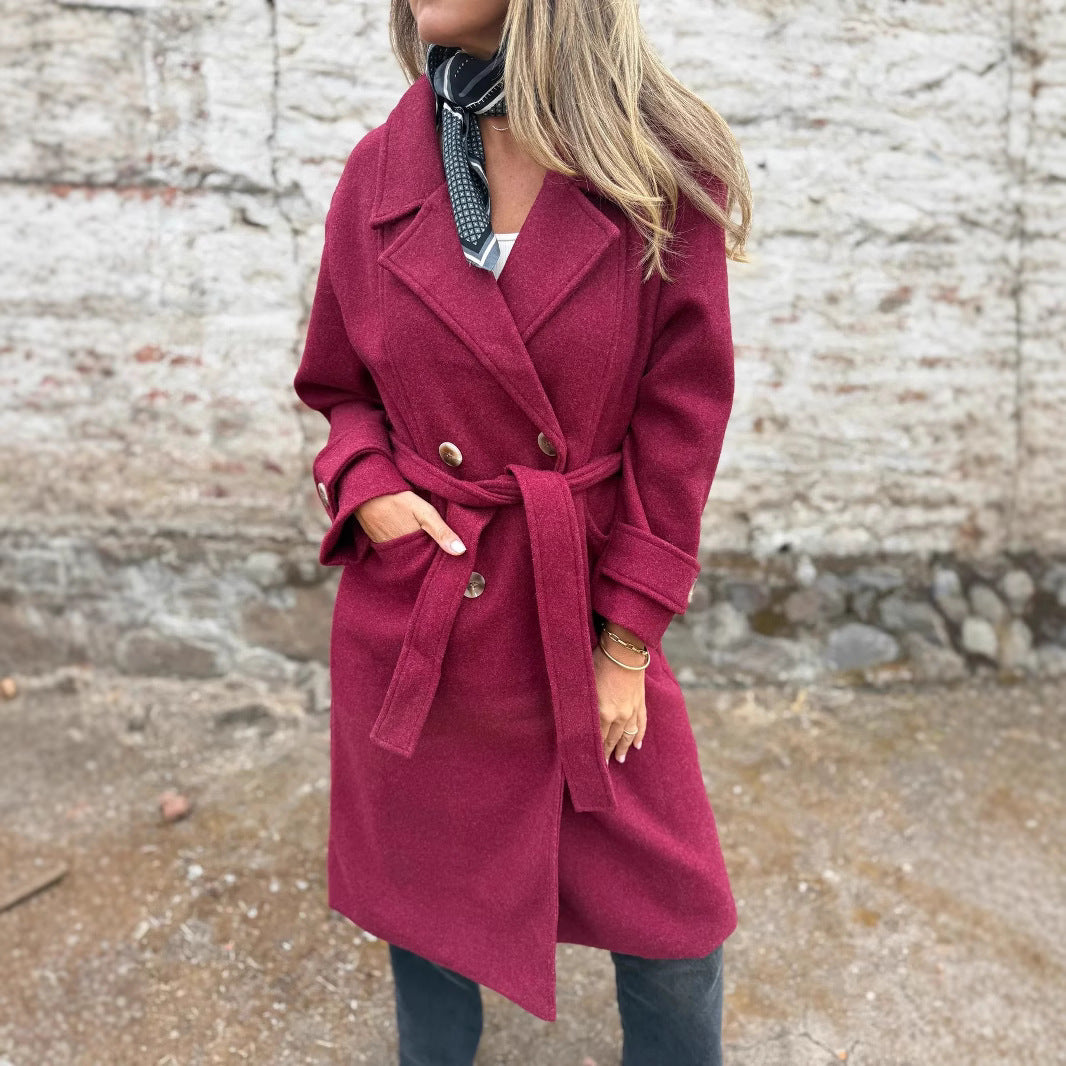 Autumn And Winter Lacing Cardigan Casual Long Sleeve Lapel Woolen Pocket Coat Women