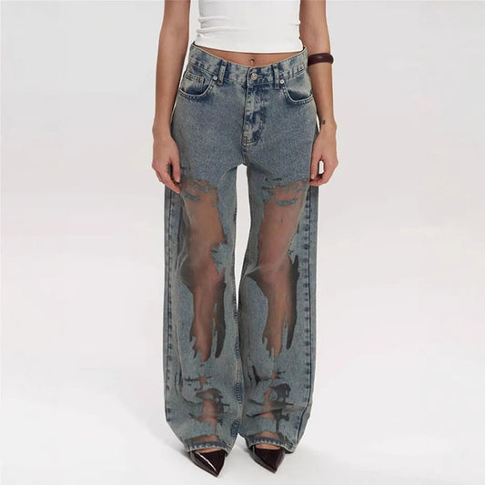 Retro Straight-leg Pants Hollow Texture Niche Design Jeans Y2g Wide Leg Trousers