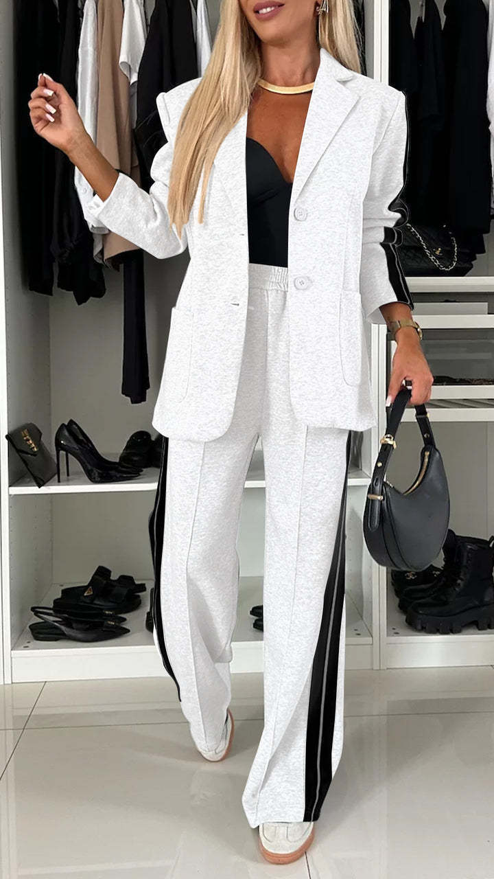 Women's Casual Suit Lapel Single-breasted Jacket And Striped Straight Pants Fashion Sports Trousers Suit Outerwears Clothing