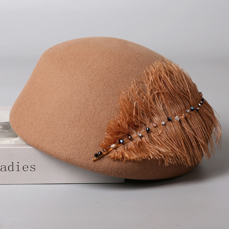 Autumn And Winter Retro Style Feather Decorative Wool Beret