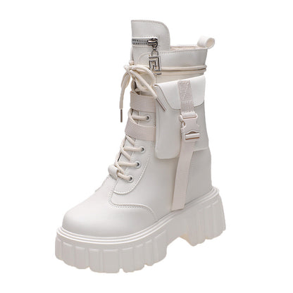 Platform Shoes Female Autumn And Winter Cotton Padded Height Increasing Insole Mid-calf Martin Boots