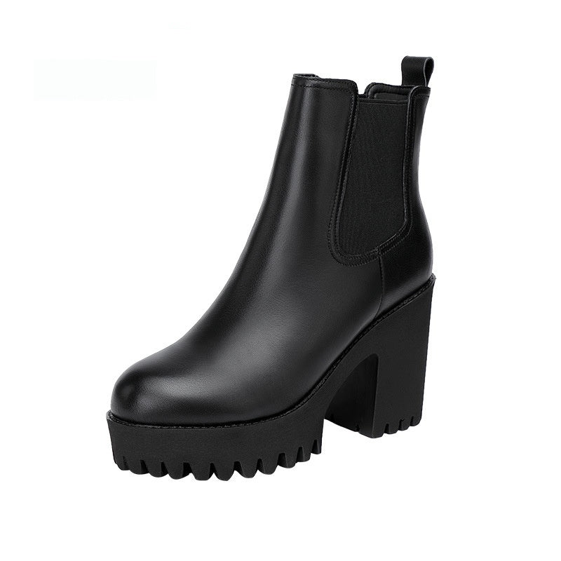 Women's Solid Color Genuine Leather High-heel Thick-heel Platform Mid-calf Boots