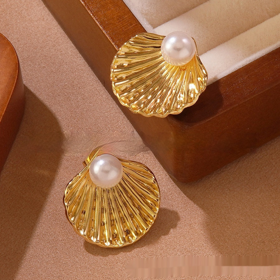 Beach Style Conch Shell Pearl Stud Earrings