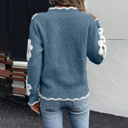 Women's Fall Floral Pattern V-Neck Sweater, Long Sleeve Pullover With Scallop Trim Casual Dressy Top