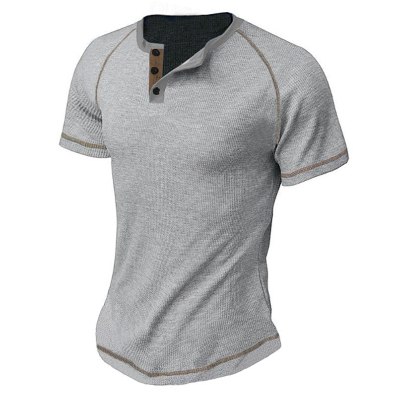 Round Neck Men's Heavy Waffle Casual Henry Short Sleeve