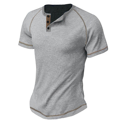 Round Neck Men's Heavy Waffle Casual Henry Short Sleeve