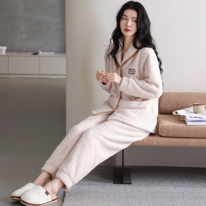 Flannel Thick Warm Long Sleeves Coral Fleece Couple Pajamas Suit