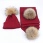 Outdoor warm raccoon fur ball wool hat scarf set