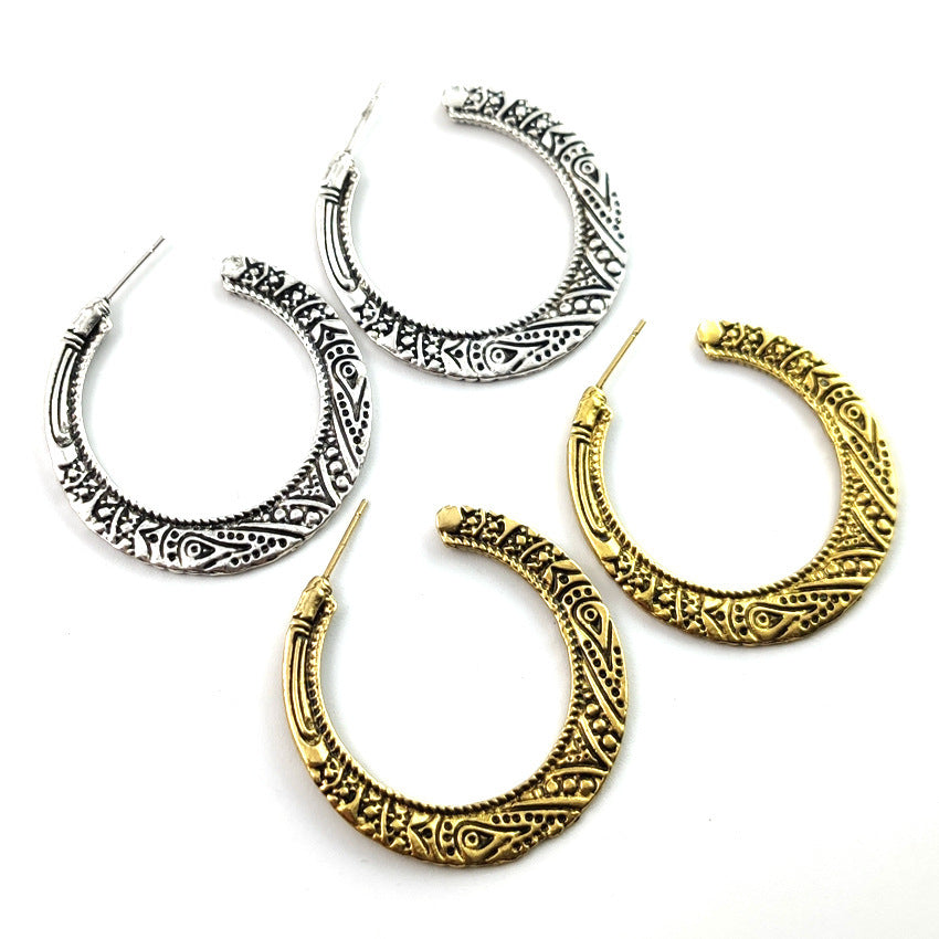 Vintage Engraving Street Shot Earrings Alloy C- Shaped Earrings