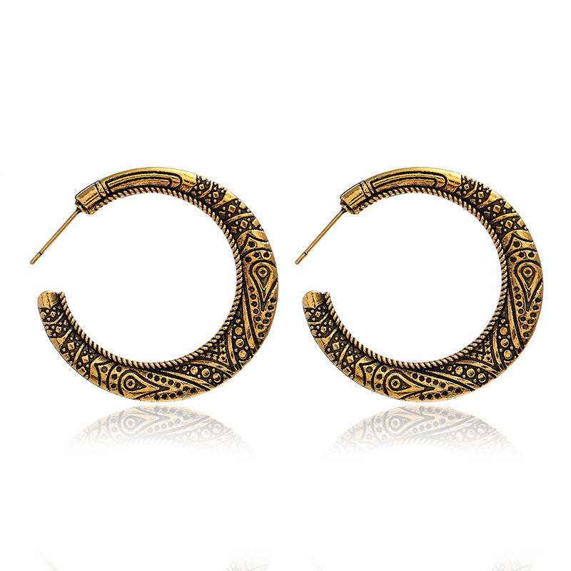 Vintage Engraving Street Shot Earrings Alloy C- Shaped Earrings