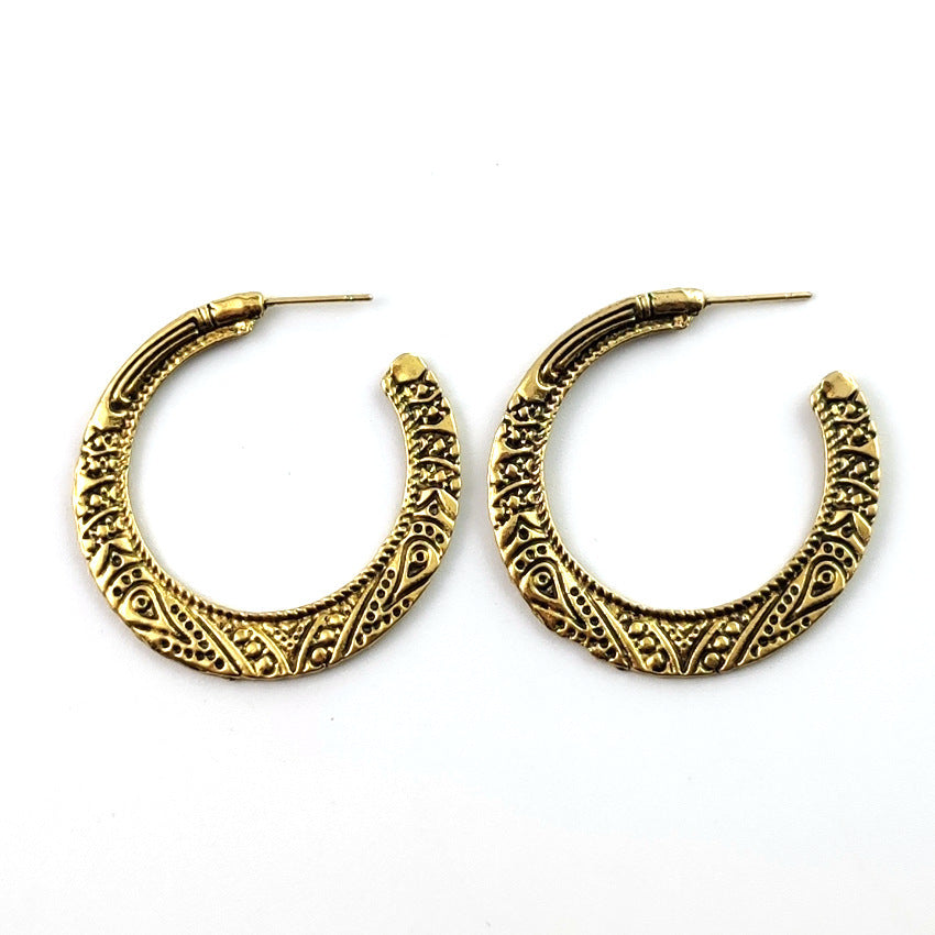 Vintage Engraving Street Shot Earrings Alloy C- Shaped Earrings
